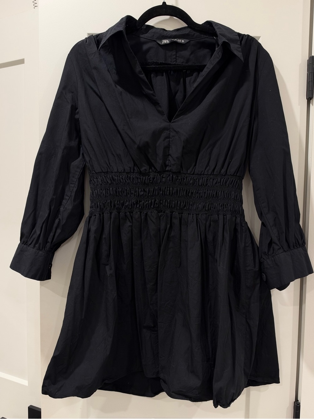 Zara Black Collared Smocked-Waist Poplin Mini Dress (w/ mark & loose stitching)